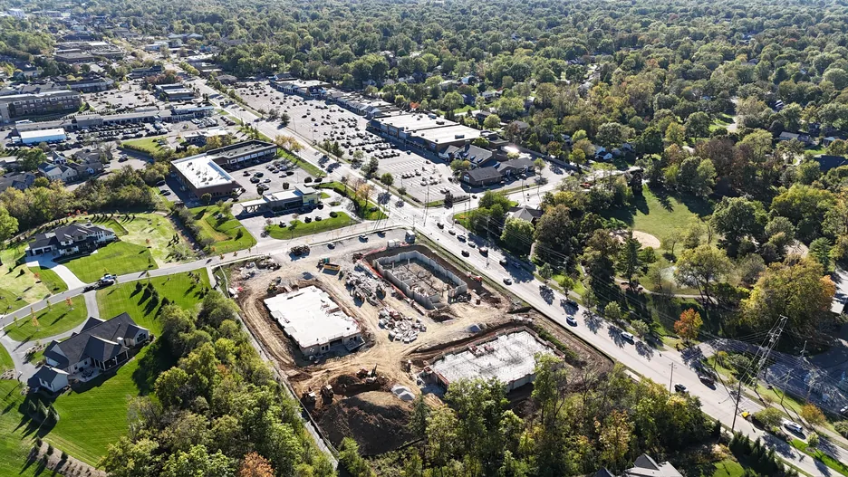 Aerial view of a commercial development under construction along a Cincinnati corridor