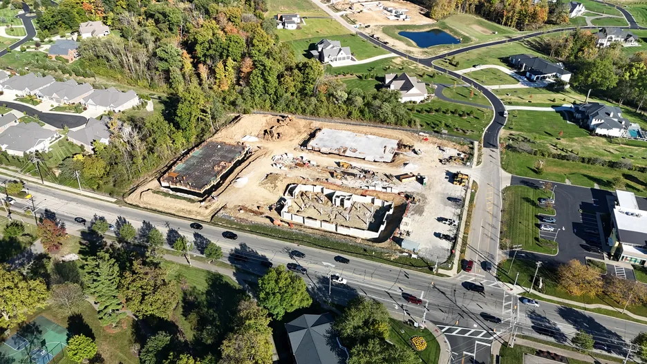 Aerial view of a Cincinnati commercial building foundation under construction