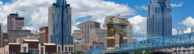 Cincinnati skyline and the Roebling Suspension Bridge