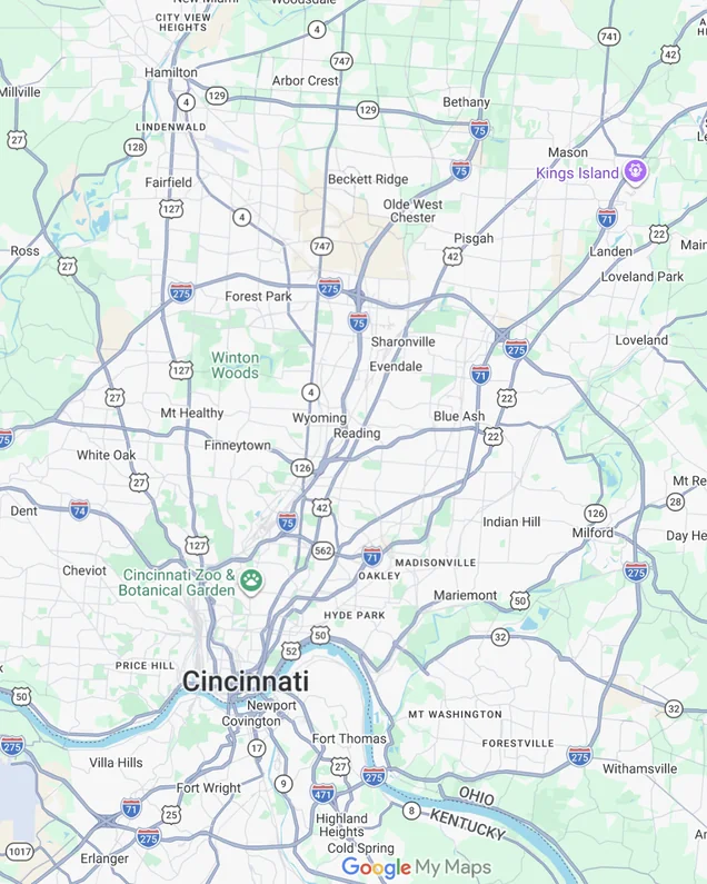 Map of Pinnacle Air Solutions&rsquo; Cincinnati-area service territory